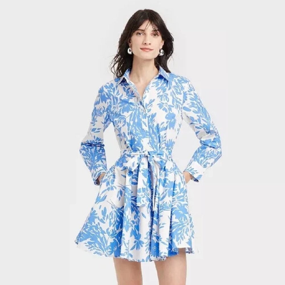 brand new Size XL "A New Day" Women's Long Sleeve Mini Shirtdress BLUE/WHITE